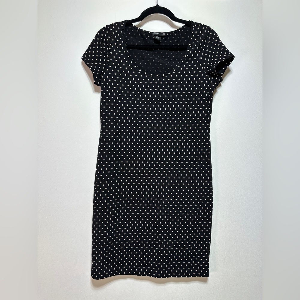 H&M Black Polka Dot Fitted Mini Dress Cotton Stretch Sleeveless Bodycon Tank M